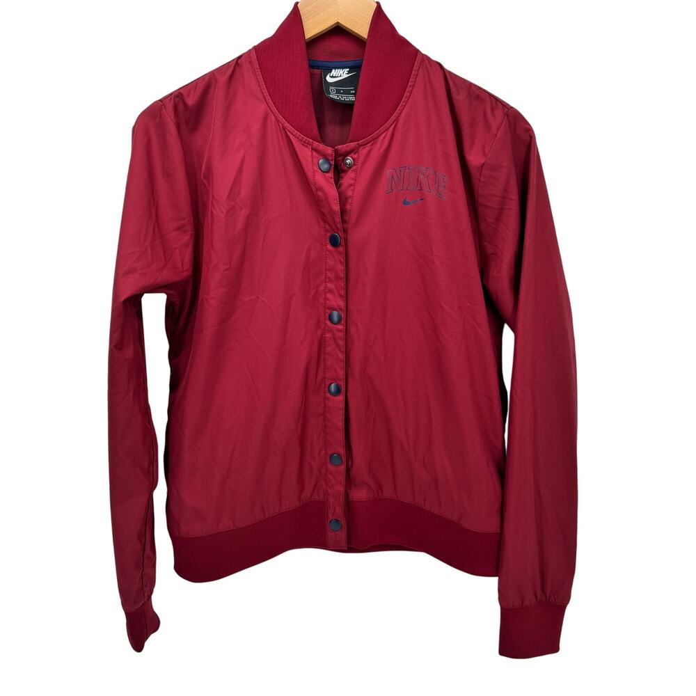 Nike‎ Satin Jacket Womens Small Red Snap Up Varsity Cropped + Pockets Blue Logo